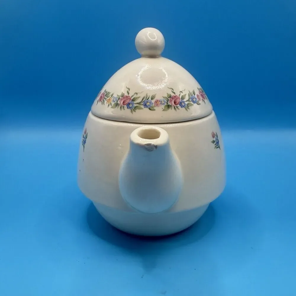 Vintage Floral Ceramic Teapot Pink Blue Roses Cottagecore Lidded Tea Pot AS IS